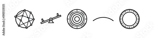 Line art icons: network, seesaw, target, curve, gear