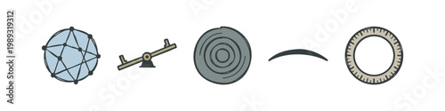 Color doodle icons: network, seesaw, target, curve, gear