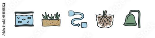 Color doodle icons: fish tank, plant pot, pipe, roots, bell