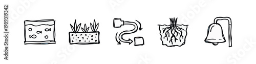 Doodle icons: fish tank, plant pot, pipe, roots, bell