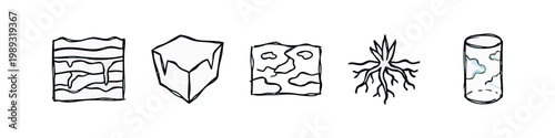 Doodle icons: layered object, cube, cracked surface, roots, cylinder