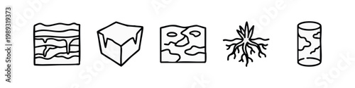 Line art icons: layered object, cube, cracked surface, roots, cylinder