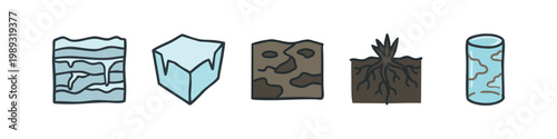 Color doodle icons: layered object, ice cube, cracked surface, roots, cylinder