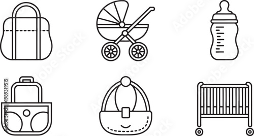 Baby care essentials consisting of a diaper bag, stroller, baby bottle, nursery crib, and infant carrier are depicted as a collection of simple line icons for parenting and childcare services.