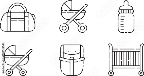 Travel gear for parents including a diaper bag, baby stroller, and portable cradle are arranged as a collection of minimalist icons for modern families.