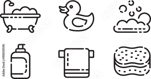 Bathroom accessories including a bathtub, rubber duck, soap bubbles, lotion bottle, towel, and sponge are displayed as a set of flat line icons for modern interior design projects.