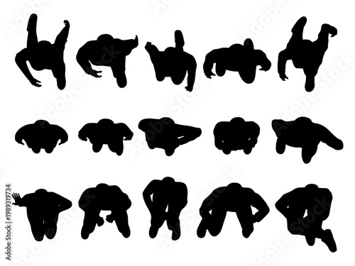 set of people walking, standing, sitting top view lifestyle concept silhouette for architectural. men and women. black shadow plan vector illustration