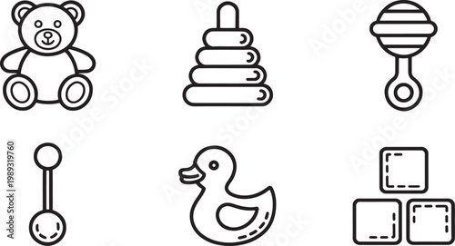 Toys including a teddy bear, a stacking ring pyramid, a rattle, a simple stick rattle, a rubber duck, and building blocks are displayed as clear line icons for young children's activity design.