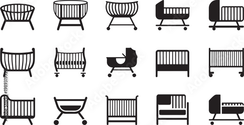 Cradles arranged in a grid display different models of baby sleeping furniture including standard cribs and wheeled bassinets for commercial nursery furnishing and product catalog design.