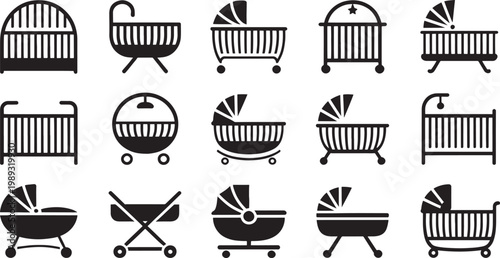 Cribs collection showcases a diverse set of baby furniture icons featuring various cradle designs and styles for modern nursery interior planning and decorative graphic layouts.