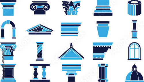 Assortment of blue and dark blue laboratory glass bottles and containers icons.