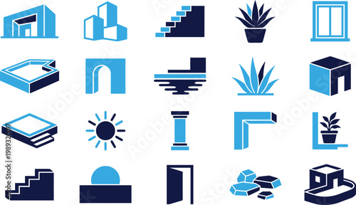 Assorted blue and dark blue liquid containers icons, bottles and jugs.