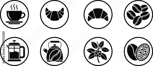 Black icons of coffee croissant tea and plant on white background for food and drink concepts