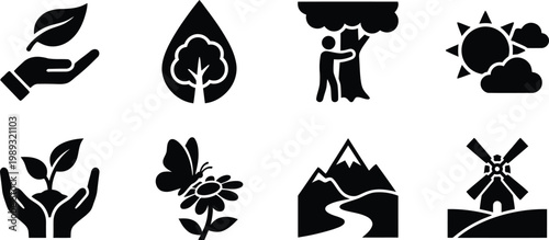 Eco friendly icons set with nature symbols and sustainable living concepts on white background