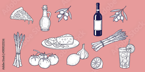 Illustration of various food items and beverages on a pink background