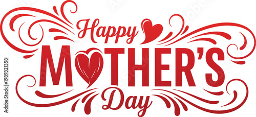 Festive mother's day graphic with flourishes and heart motifs in red tones