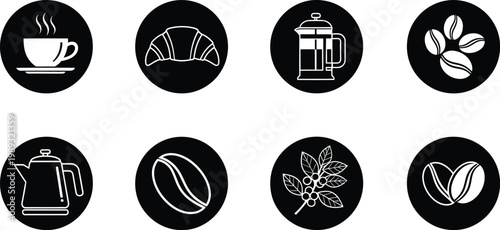 Coffee and bakery icons set with french press croissant tea kettle beans