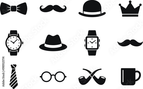 Black silhouettes of men's fashion accessories and grooming tools on white background