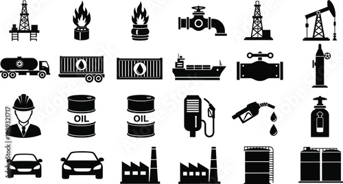Black icons of oil industry and fuel transportation on white background