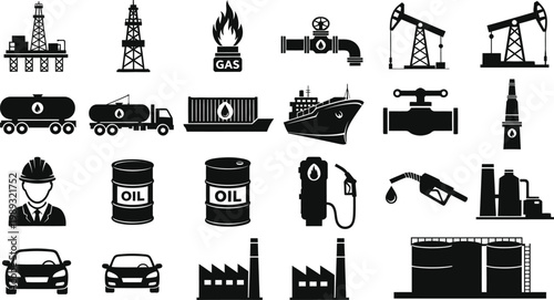 Oil and gas industry icons set including rigs trucks barrels and fuel pumps on white background
