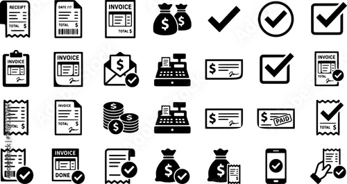 Collection of black and white payment icons and symbols