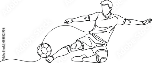 Soccer player kicking ball in dynamic motion with arms outstretched in one line drawing