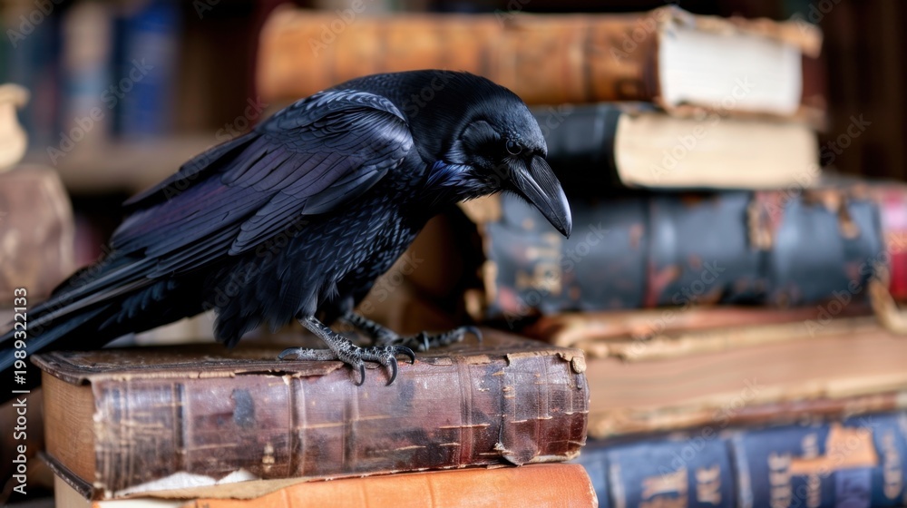 Fototapeta premium Raven Perched on Stack of Antique Books in Dimly Lit Library Setting with Rich Textures and Mysterious Atmosphere