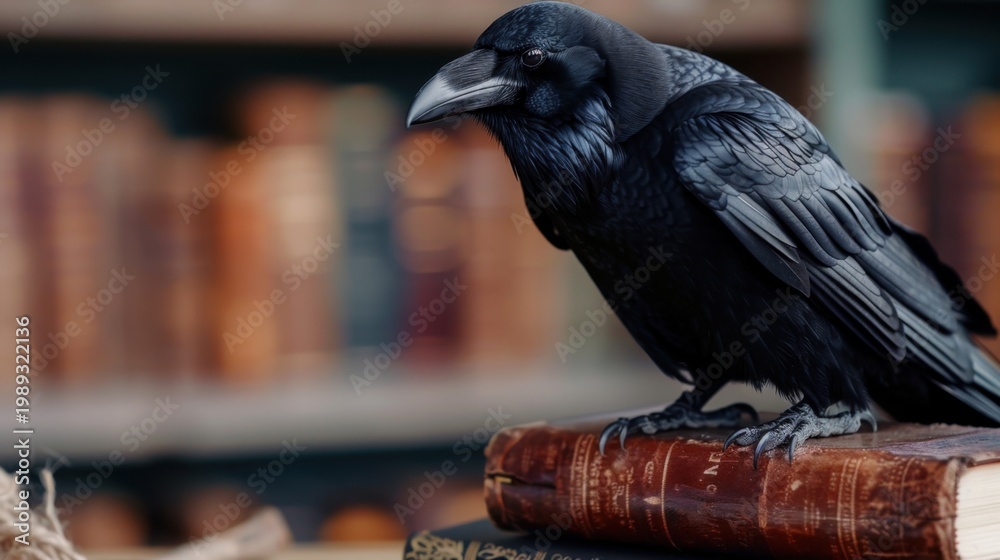 Obraz premium Majestic Black Raven Perched on Ancient Leather-Bound Book in Cozy Library Setting