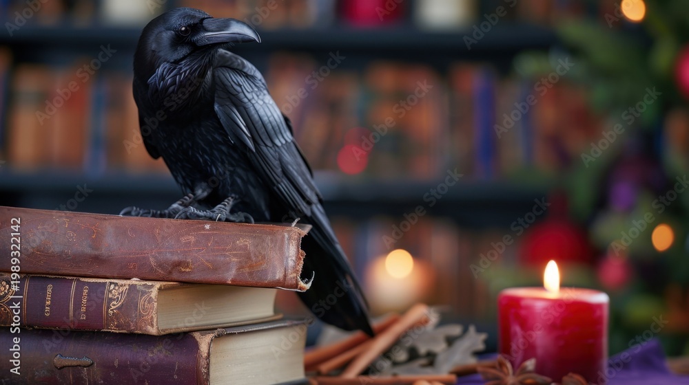 Fototapeta premium Raven on Old Books with Candle and Magical Decor in a Cozy Library Setting