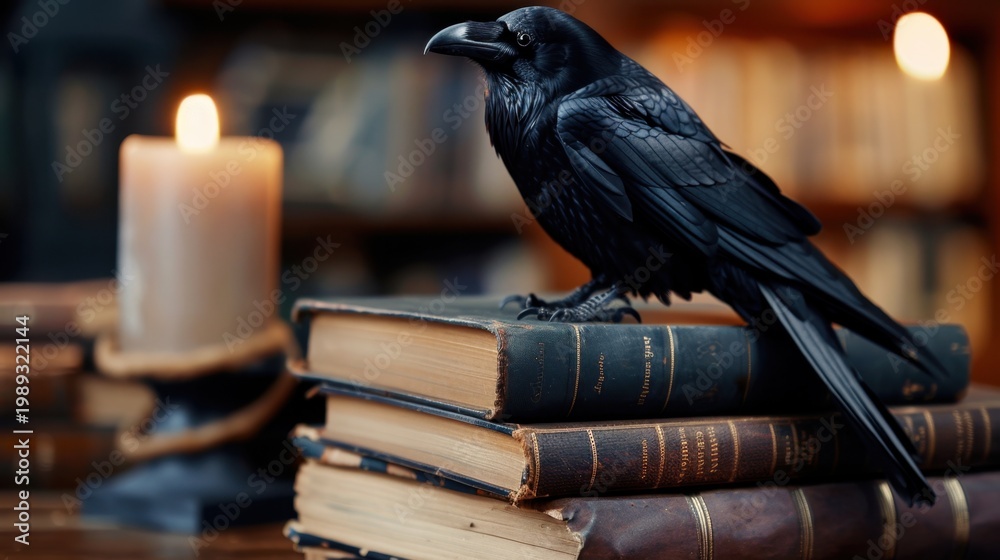 Fototapeta premium Mysterious Black Raven Perched on Old Books with Candlelight Glow in a Cozy Library Setting