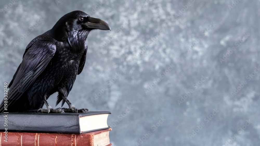 Fototapeta premium Black Raven Perched on Vintage Books Against a Textured Gray Background for Creative and Artistic Displays