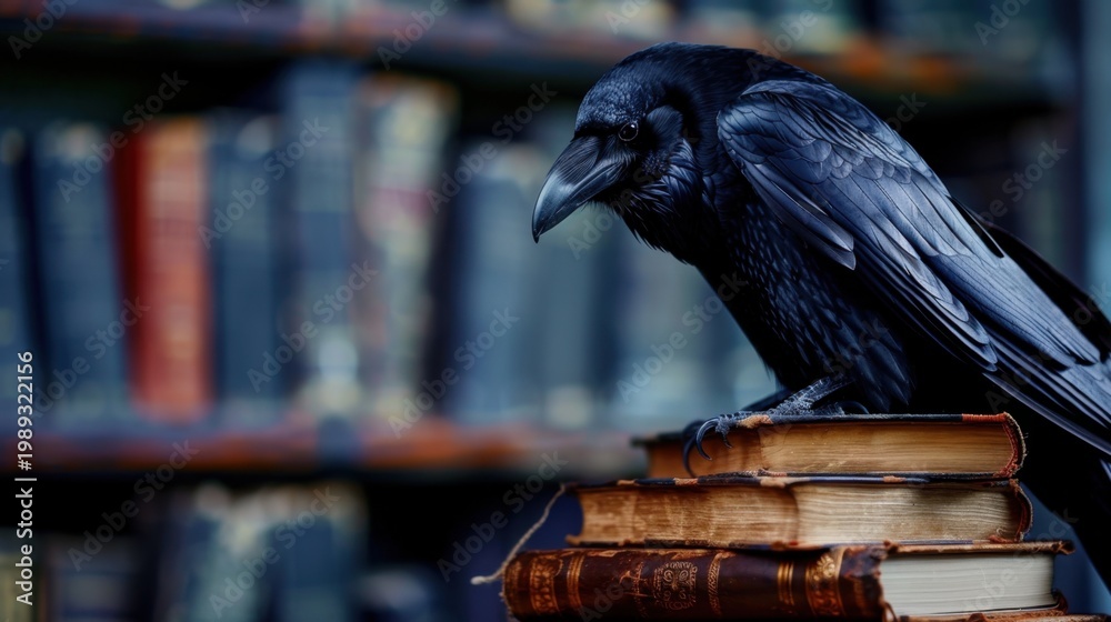 Fototapeta premium Black Raven Perched on Old Leather-Bound Books in a Dimly Lit Library Setting