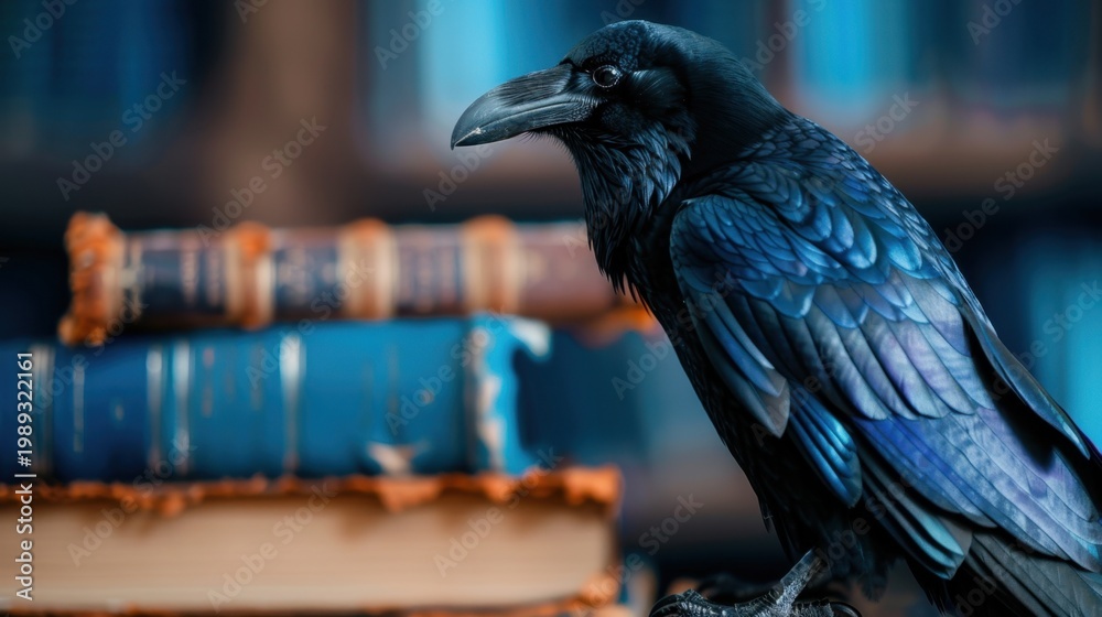 Fototapeta premium Majestic Raven Perched on Stack of Antique Books in Dimly Lit Library Setting