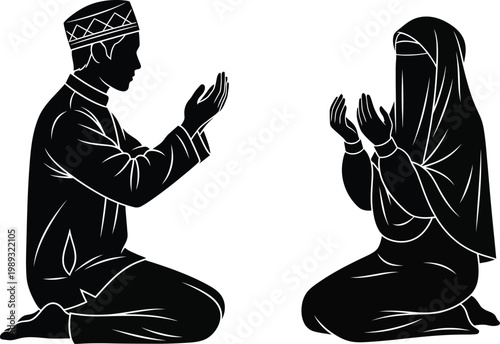 Silhouette of a man and woman kneeling in prayer wearing traditional attire minimalist black and white style
