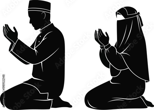 Black silhouettes of man and woman praying together in islamic attire on white background