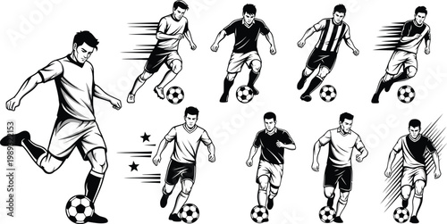 Dynamic soccer players in action kicking and running with energy in a black and white illustration style
