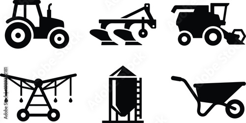 Black silhouettes of agricultural and construction vehicles on white background