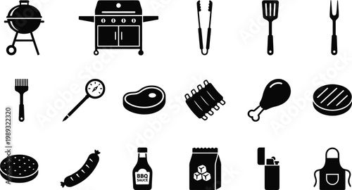 Black silhouette icons of grill barbecue tools meats sausages and condiments for outdoor cooking