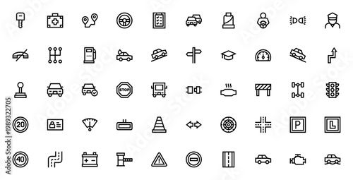 Traffic and Driving icon set. Vector symbols for car, steering, road sign, parking, traffic light, seatbelt, fuel station and more. Editable line icons.