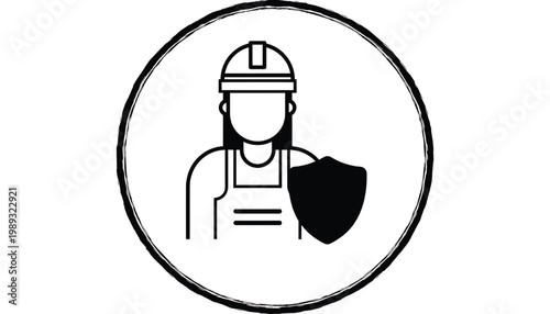 Security guard icon with helmet, uniform, and shield symbol inside circular border for safety and protection concepts