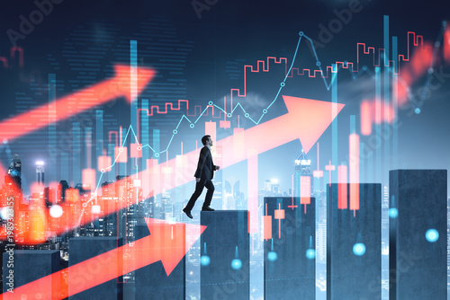 Bild auf Leinwand Businessman climbing rising financial bars with glowing market a