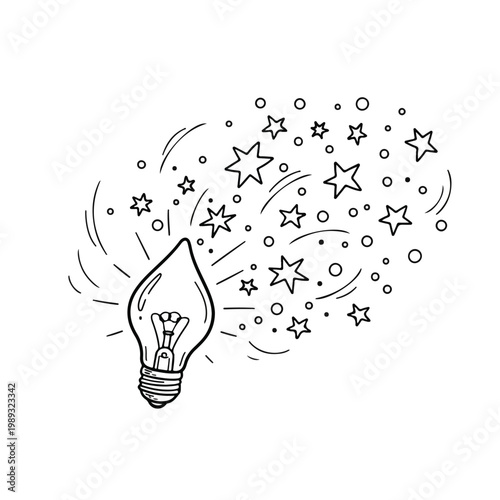 Hand drawn light bulb bursting with stars symbolizing creative inspiration.