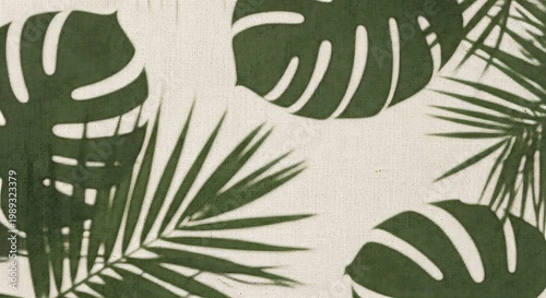 Elegant tropical monstera and palm leaf silhouettes form a serene natural pattern on a subtle light textured background, ideal for stylish decor or textile design