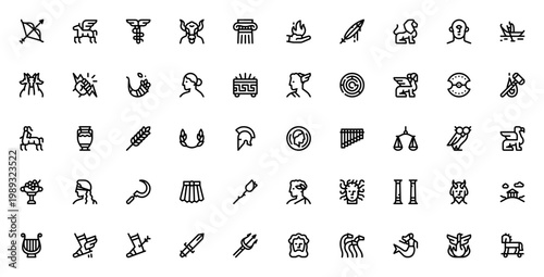 Greek mythology icon set. Vector symbols pack featuring Zeus, Medusa, Pegasus, Minotaur, Apollo, Artemis, and more. Editable stroke illustration.
