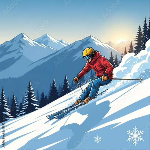 Skier in Red Jacket on Snowy Slope.