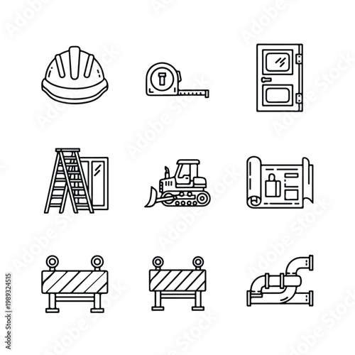 A collection of nine simple black line construction icons including a hard hat, bulldozer, blueprint, and road barriers on a white background.