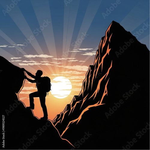 Hiker Climbing Mountain at Sunrise Silhouette.