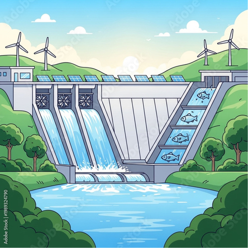 Hydroelectric Dam with Water Flowing Down.