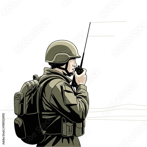 Soldier in Helmet Using Radio Communication.