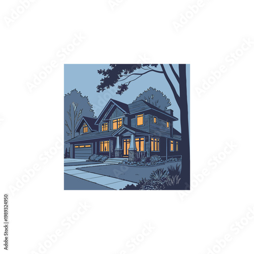 Night house landscape with moonlight and dark blue sky illustration